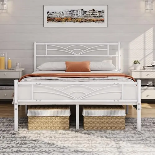 Yaheetech Cama Doble con Cabecera Somier 135x190 cm Altura 32 cm Blanco