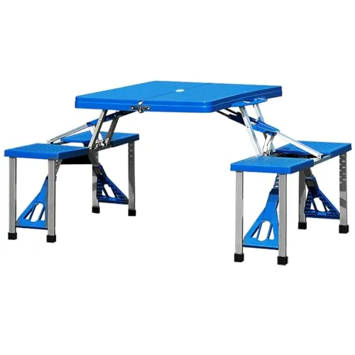 CASARIA Mesa Camping Plegable 4 Asientos Aluminio Función Maleta Azul | 85x38x11cm Cerrada, 70kg, Tablero ABS, Orificio Ø3,2cm, Asa Transporte, Protectores Suelo, Picnic, Festivales, Jardín