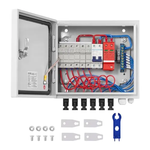 VEVOR Caja Combinadora Fotovoltaica, 6 Cuerdas, Caja Combinadora Solar con Fusible de Corriente Nominal de 10 A Conector Solar, Caja de Acero para Sistema de Panel Solar de Red de Encendido, Apagado