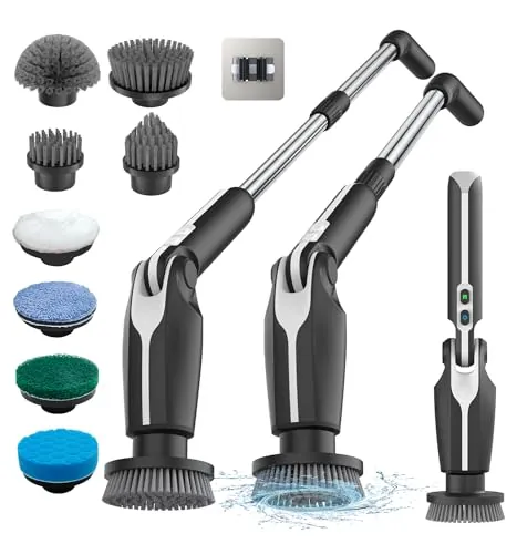 Leebein Cepillo Eléctrico Limpieza Hogar, 2026 Fregadora Giratoria Eléctrica con 8 Cepillo Reemplazables, Control Remoto, 2 Velocidades de Rotación y Mango Ajustable 38-132CM para Baño/Cocina/Coche
