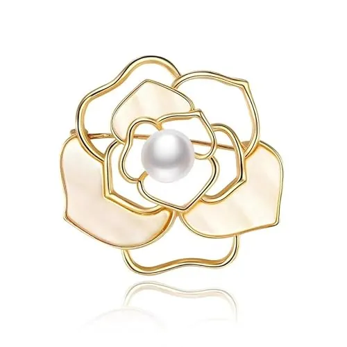 Broche para mujer, diseño de camelia con brillantes y perlas Camelia dorada
