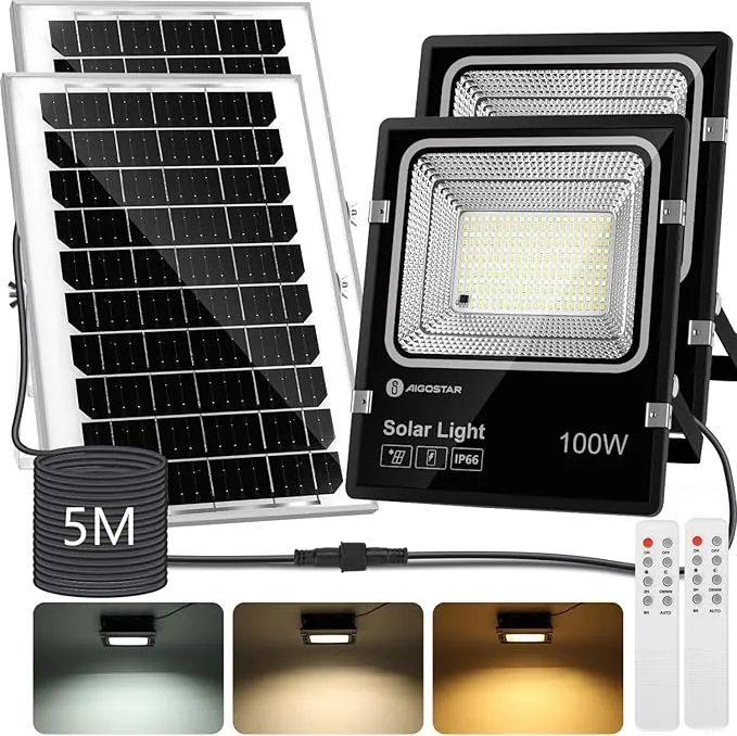 Aigostar - Foco solar exterior con mando a distancia,Cable de 5m.8000mAH,Batería de gran capacidad y gran panel solar.regulable 3000/4000/6500K. Uso interior/exterior IP66:jardín,patio,2 Piezas