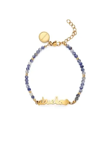 SINGULARU - Pulsera Abuela Heart Cianita. Acero con Baño en Oro de 18 Kt y Piedra Natural. Joyas Para Mujer.