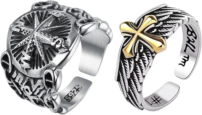 2 Anillos Abiertos Vintage, Anillo de Brújula y Resorte Cruzado, Ajustable, Plata Antigua, Unisex