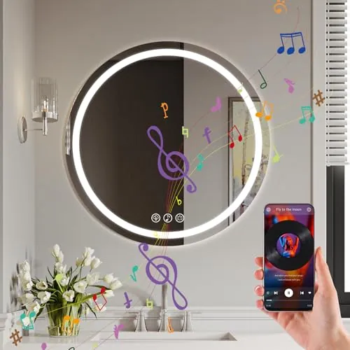 Ratsamee Bluetooth Espejo Baño con Luz Redondo 60cm, Espejos de Baño con LED con Antivaho, Regulable, 3 Colores Luz, Función Memoria