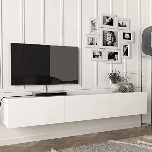[en.casa] Mueble TV Suspendido Mesa TV Flotante con 3 Compartimientos Puertas Abatibles Aglomerado 180 x 31 x 30 cm - Blanco