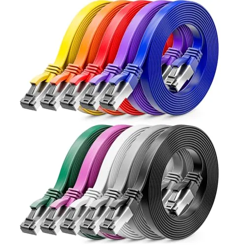 deleyCON 2m Cable de red Plano CAT 8 RJ45 40 Gbit/s, 10 uds. - Multicolor | Cable LAN Gigabit Ethernet, de cobre, cable plano delgado, cable de conexión largo, conector RJ45 para CAT8, CAT7, CAT6