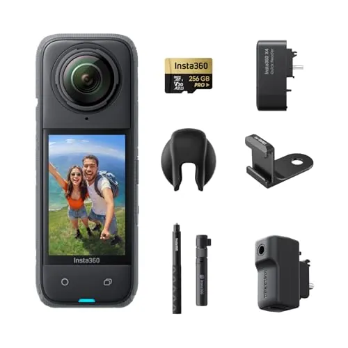 Insta360 X4 Paquete de Creador - Cámara de acción Impermeable 8K 360, Vídeo 4K Gran Angular, Selfie Stick Invisible, Protectores de Lente Extraíbles, 135 Min Batería, Edición IA, Estabilización