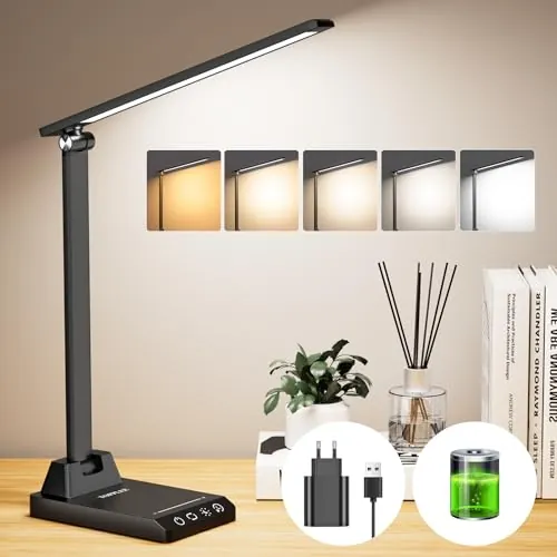 Flexo Escritorio, Lámpara Escritorio con 2500mAh Batería, Lampara de Mesa | 5 Modos,10 Niveles de Brillo Lámpara Escritorio LED, Temporizador de 30/60min Lampara Escritorio Led, Función de Memoria