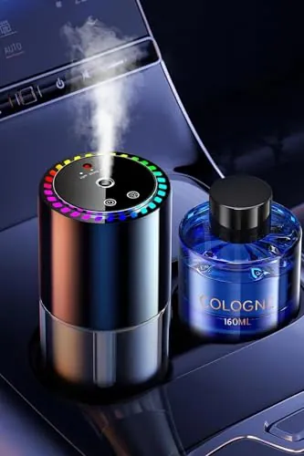 160ml Sensor Musical Ambientador Coche con 160ml Perfume (Colonia), Difusor de Fragancias Eléctrico para Automóvil, On/Off Automático, Atomizador Ultrasónico, 3 Modos, Recargable, Duración 12 Meses