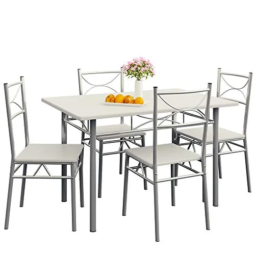 CASARIA® Conjunto Mesa y Sillas de Comedor Set de Muebles de Cocina Juego Completo Blanco 110x70cm Madera MDF 5 Pzs.Tipo Industrial Ahorra Espacio para 4 Personas