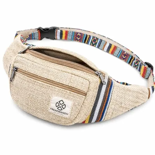 Freakmandu Cáñamo Riñonera Fanny Pack Estilo Bohemio Paquete de Cintura Cadera Bolsa para De Viajar Senderismo Correr Trotar
