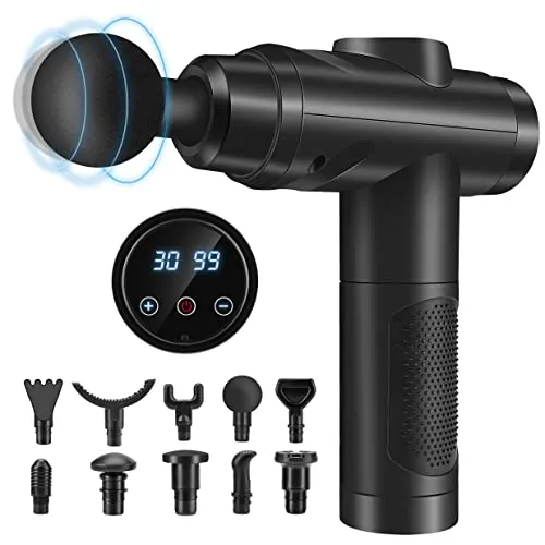 Pistola de Masaje Muscular, Masajeador Profesional con 30 Velocidades para Masaje Profundo, Pantalla Táctil LCD y 10 Cabezales para Espalda, Hombros, Piernas, Regalo para Hombre y Mujer (Negro)