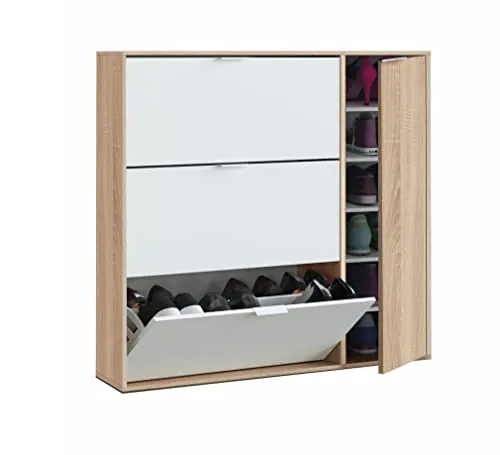 Habitdesign Mueble Zapatero 4 Puertas, Modelo Class, Acabado en Roble Canadian y Blanco Artik, Medidas: 106 cm (Ancho) x 115 cm (Alto) x 22 cm (Fondo)