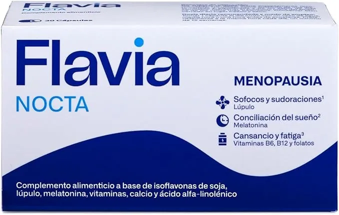 FLAVIA Nocta 30 Comprimidos, Alivia los Síntomas de la Menopausia, con Isoflavonas de Soja y Melatonina, Mejora el Sueño, Bienestar de los Huesos, Disminuye Cansancio y Fatiga, con Estudios Clínicos