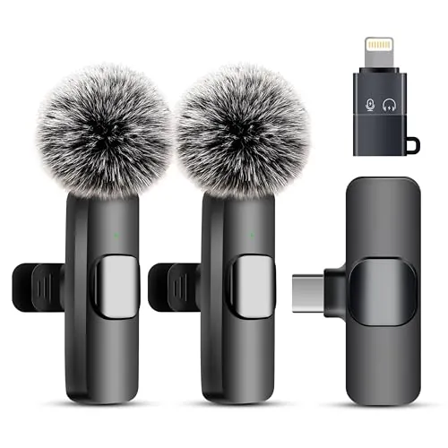 Uewpv Microfono inalambrico for iPhone iPad & Android - 2 Pack Mini Clip-On microfono movil with Noise Cancellation, USB-C/Lightning - for TikTok, Youtube, Podcast, Live Streaming