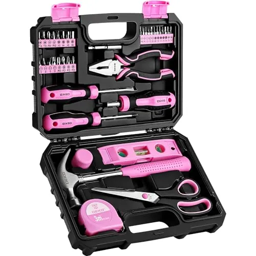 DEKOPRO Juego de 42 Herramientas de Mano, Color Rosa | Caja de Herramientas Pequeña para Reparaciones Domésticas, Bricolaje y Montaje de Muebles