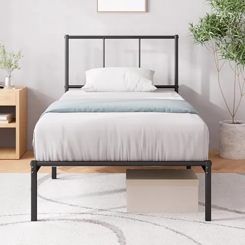Zinus Justin Somier 90x190 cm - Altura 30 cm - Base Cama Individual en Acero con Cabecero - Láminas de Metal - Montaje Fácil- Espacio de Almacenamiento - Negro