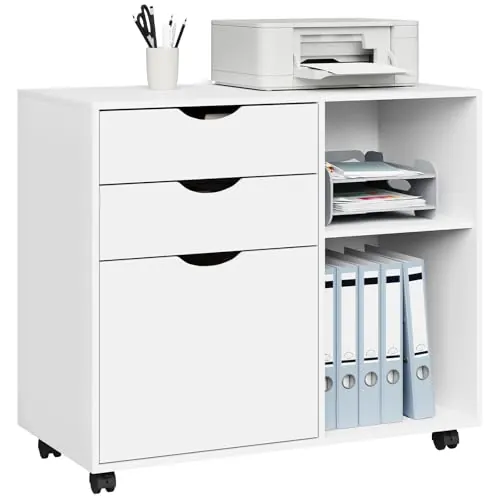 WOLTU Archivador Móvil de 3 Cajones, 2 Estantes Abiertos y Barra Colgante | 5 Ruedas, para Carpetas y A4, 80x39,5x69,5 cm, Blanco