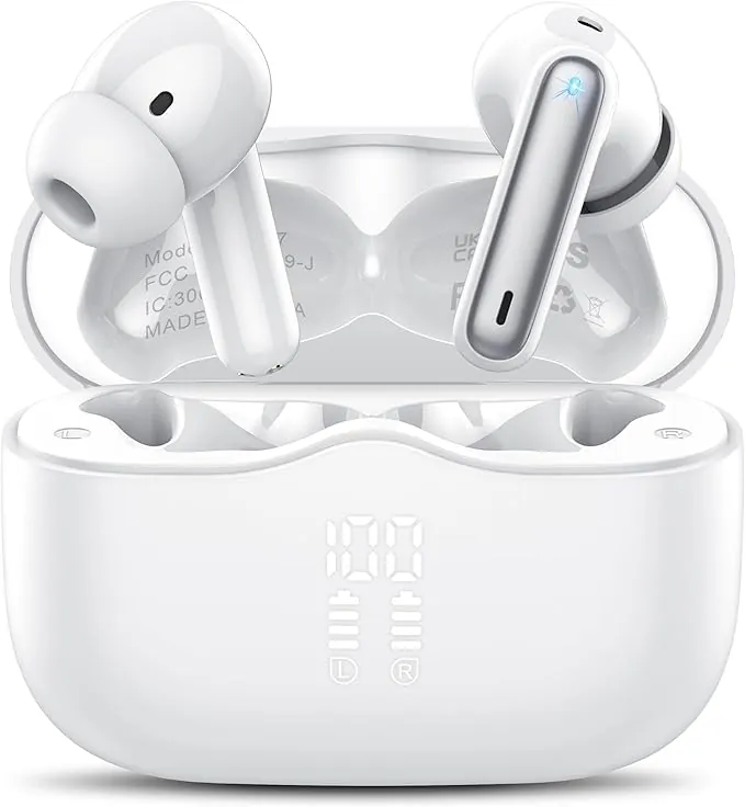 Auriculares Inalambricos Bluetooth, Auriculares Bluetooth 5.4 con ENC Reducción de Ruido, 40H HiFi Estéreo Cascos Inalambricos Bluetooth con 4 HD Mic, Pantalla LED, IP7 Impermeablem Cascos, Blanco