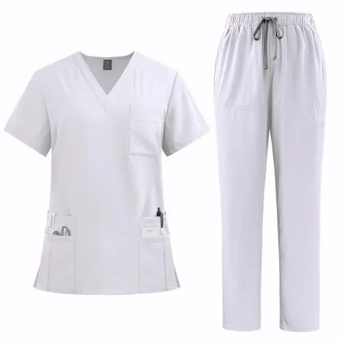 Meichoon Conjunto de uniforme médico para mujer, con cuello en V, manga corta, pantalones rectos, 8 bolsillos, cordón elástico, absorbe la humedad, DK77, blanco, L