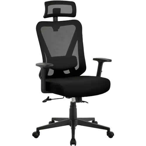 Yaheetech Silla Escritorio de Oficina Ergonomica Sillon Despacho con Respaldo Bloqueable Entre 90° y 130° Silla Soporte Lumbar Ajustable Malla Transpirable para Oficina Estudio Negro
