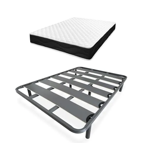 Homey - Cama Completa con Colchón Sleep Pro Reversible + Somier de Láminas Reforzado con 6 Patas Cilíndricas Metálicas Roscadas, 135 x 190