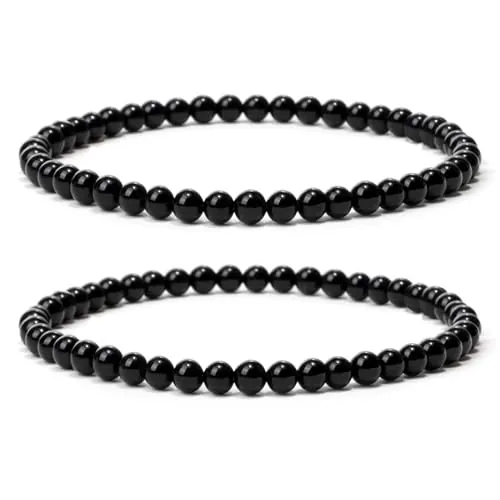 Landorilo 2 Pulseras Redondas de Piedra Natural (4 mm), Pulsera Elástica de Yoga para Hombre y Mujer, Joyas para los Chakras Regalos(2R Turmalina Negra)