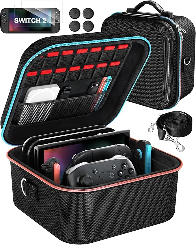 ivoler Funda de Transporte Compacto para Nintendo Switch 2 (2025), Estuche Rígida con Protector de Pantalla y Agarre para el Pulgar, Capacidad para 14 Cartuchos de Juego e Incluye Correa, Negro