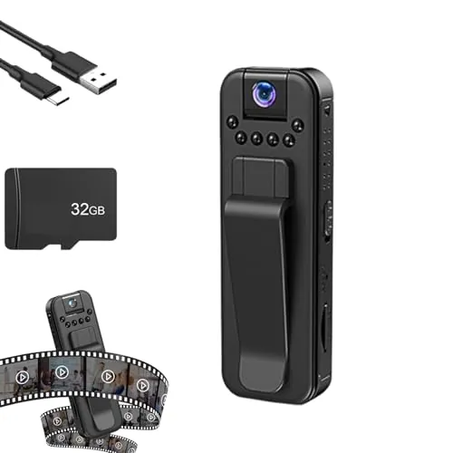 Grabadora portátil con visión Nocturna infrarroja, minicámara Corporal portátil de 1080p, con Lente giratoria de 180°, Ideal para Ciclismo, Deportes, Viajes y Actividades al Aire Libre (with 32GB)