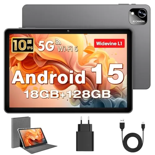 Tablet 10 Pulgadas, Tableta Android 15 con Funda, Unisoc T30 Quad-Core, 18 GB RAM + 128 GB ROM + 1 TB TF, Pantalla HD IPS 1280x800, Cámara Dual 5MP + 8MP, 6000 mAh, WiFi 6, BT 5.0, Widevine L1 (K302)