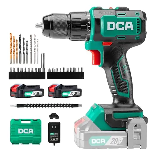 DCA Taladro Percutor Inalámbrico Brushless 20V, 55Nm de Par Máximo, Mandril Todo Metal de 13mm, 18+2 Configuraciones de Par (0-450/0-1800RPM), Diseño Compacto con Batería de 2.0Ah y Cargador，ADJZ2055i