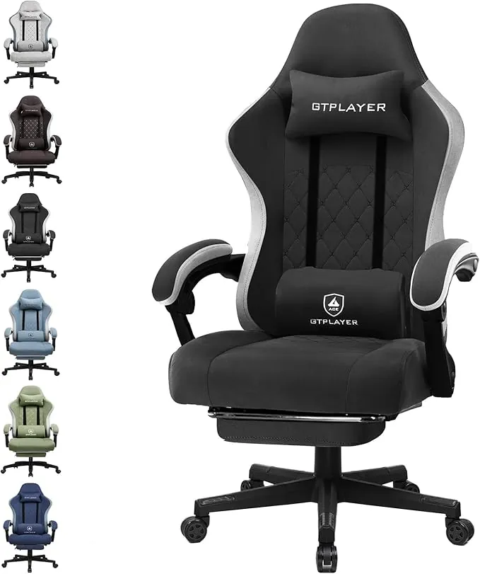 GTPLAYER Silla Gaming Tela Ergonómica Transpirable Silla Gamer Reclinable con Reposapiés, Cojín Lumbar y Reposacabeza Sillas Gaming Regulable en Altura para Juegos de Estudio y Trabajo Negro