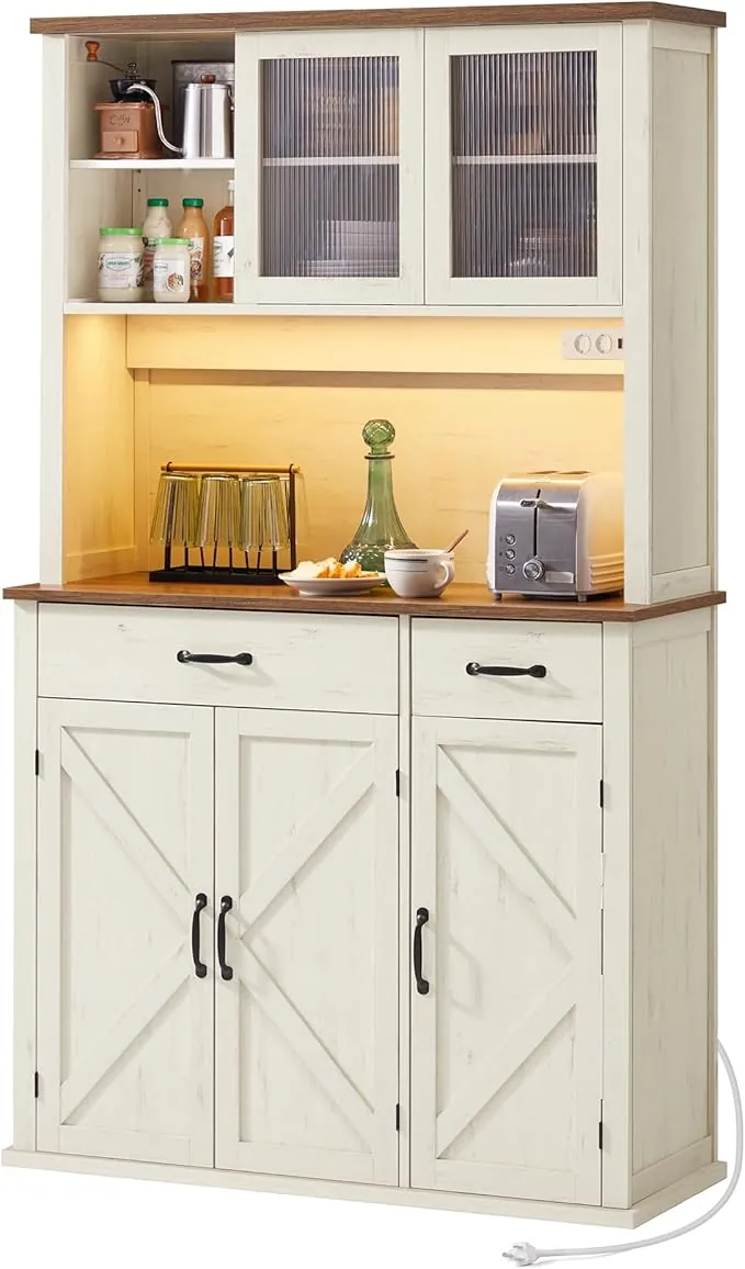 VASAGLE Armario con Luces y Cargador, Armario de Cocina, con Puertas y Cajones, 39,5 x 106,5 x 180,6 cm, Estantes Ajustables, Estilo Rústico, Blanco Rústico y Marrón Miel BBK391W02