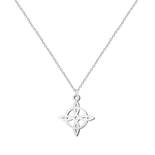 cotigo Collar colgante Nudo de bruja de Acero inoxidable o de hilo + una pulsera de 7 nudos (gratis), nudo de bruja doble proteccion, Amuletos de suerte, bisutería para mujer. (PLATEADO)