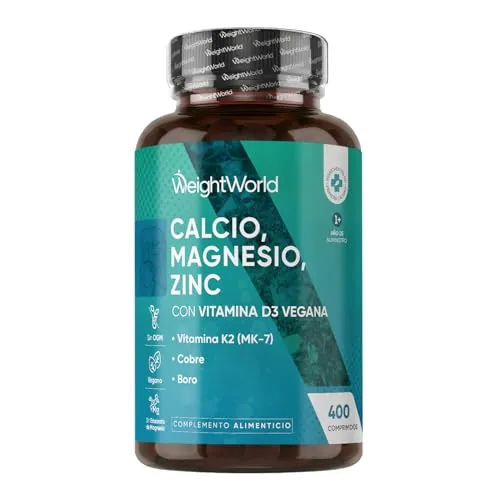 Calcio, Magnesio y Zinc con Vitamina D3, K2 y Más - 400 Comprimidos Veganos (+1 Año) - Complejo de Vitaminas y Minerales, Sin OGM ni Estearato de Magnesio