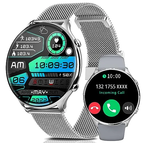 Fsdibst Relojes Inteligentes Mujer Hombre,1.39' Smartwatch Redondo con Hacer y Contestar Llamada,Monitoreo de Sueño,Podómetro,SpO2,120 Modos Deporte,Pulsera Fitness Plata para Android iOS