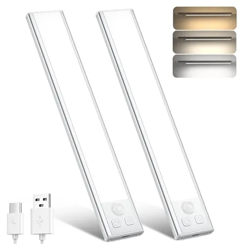 OUILA Luz de Armario con Sensor Movimiento,20.5CM Recargable Luz Nocturna con temperatura de 3 colores,Regulable Lampara LED Adhesiva para Gabinete, Pasillo, Escalera, Sótano, Cocina, Garaje-2PCS