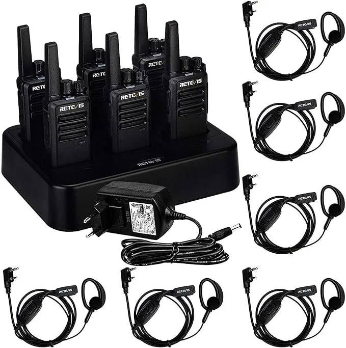 Retevis RT668 Walkie Talkie con Auricular, PMR446 Licencia Libre, Walkie Talkie Profesional con Cargador de 6 Vías, VOX, Walkie Talkies Portátiles para Industria, Lagerhaus(Negro, 6 Pcs)
