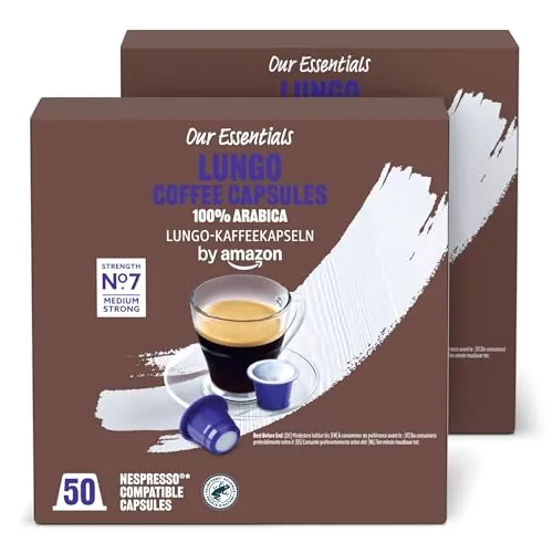 by Amazon Cápsulas de Café Lungo de Plástico Compatibles con Nespresso, Tostado Medio, 100 Unidades (2 Paquetes de 50), Certificadas por Rainforest Alliance