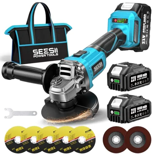 SEESII Amoladora Angular a Batería 2x 4000 mAh, 10.000 RPM Amoladora Angular Eléctrica sin Escobillas con 6 x muelas, para Crtar y Amolar con Precisión,125 mm/22 mm, azul (125mm)