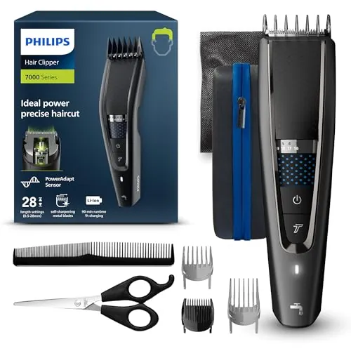 Philips Cortapelos con cuchillas de titanio, 3 Peines guía, 28 Ajustes de longitud, 90 min de uso sin cable, Incluye funda de viaje, Color Negro