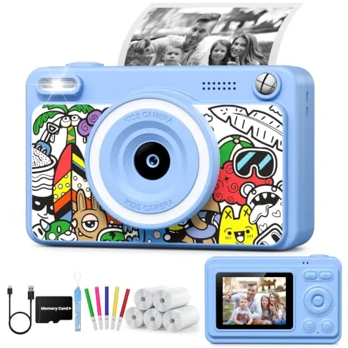GREENKINDER Camara Fotos Infantil Instantanea,HD/1080P Cámara Instantánea para Niños con Tarjeta de Memoria y 5 Rollos de Papel Térmico, Regalo de Cumpleaños y Navidad para Niños de 3 a 12