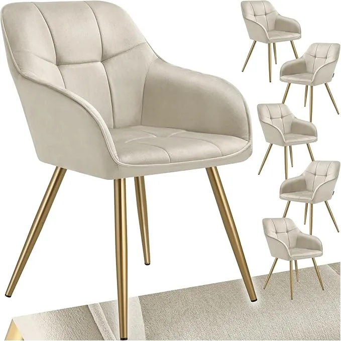 tectake® Sillas de Comedor Elegantes, Tapizado Aterciopelado, Respaldo Continuo, Sillas Comedor Modernas, Silla Dormitorio, Silla Nordica, Butacas de Salon - 6 Sillas Crema