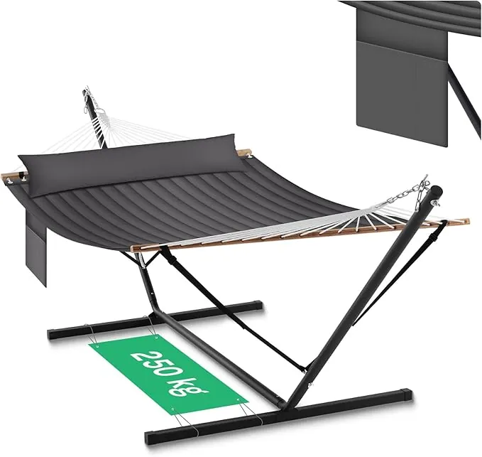 WOLTU Hamaca 2 Personas con Soporte de Metal, Hamaca Columpio para Jardín Exterior, Capacidad 250 kg, con Reposacabezas y Bolsa de Transporte, Gris Oscuro