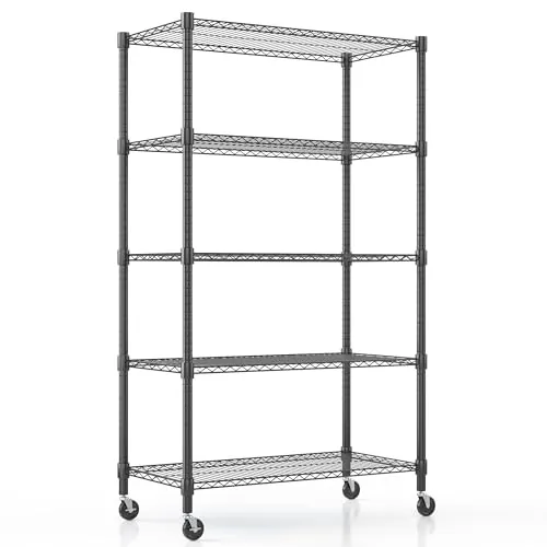 Himimi Estante de Almacenamiento de pie de 5 Niveles con Ruedas, Altura Ajustable, estantería Resistente con Gancho para baño, Cocina, Garaje, Dormitorio, 45 x 90 x 183 cm, Color Negro