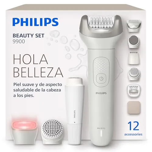 Philips Set de belleza – Set todo en uno para cuerpo, cara, zona del bikini y pies; uso inalámbrico en seco o mojado, para depilación y cuidado de la piel, con 12 accesorios, modelo BRE749/00