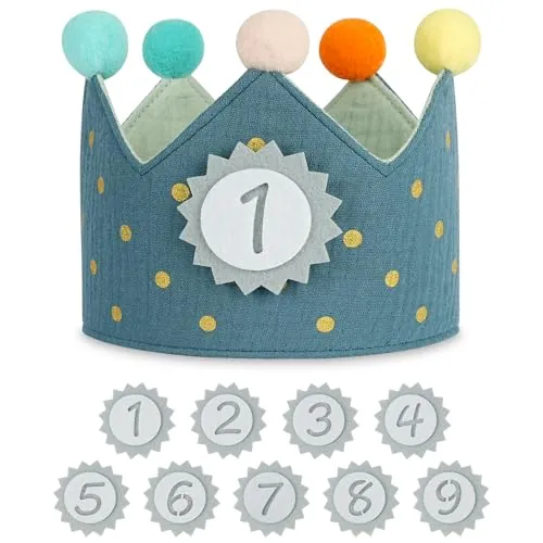 URAQT Corona Cumpleaños, Corona Cumpleaños 1 Año, Azul | Corona de Infantil Cumpleañoscon Números Intercambiables del 1 al 9, con Ajustable Aniversario Años o Meses