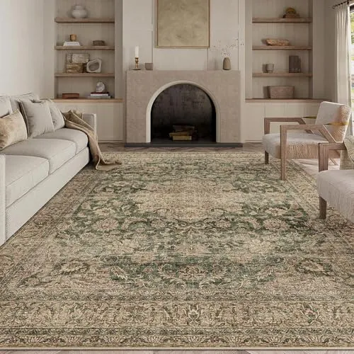 HUGEAR Vintage Verde Alfombra Salon Alfombras 300x400cm Antideslizante Lavables en Lavadora Grandes Carpet Habitacion Salón Pie de Cama Comedor Tapete Sala Pelo Corto Tapetes