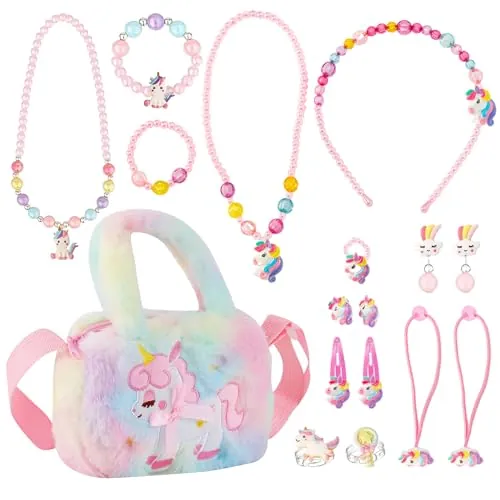 DALAETUS 17 Piezas Bolso Unicornio con Juego de Joyas Niñas Set, Unicornio Collar Pulsera Anillo Pendientes, Juguetes Niña, Fiesta Accesorios Regalos para Niñas